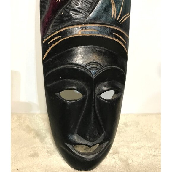 African Tribal Mask Wall Art Decor Hand Carved 16" Tall Wooden Sculpture - Picture 3 of 7